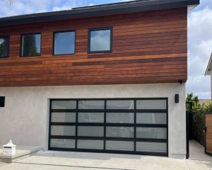 Modern Cerritos CA home remodel with C.H.I. Fullview glass garage door model 3295 black with frosted windows