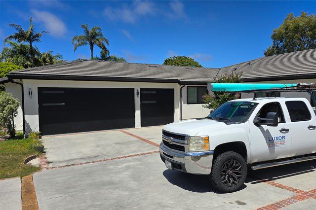 Skyline Flush garage door with two custom stacked windows in Rolling Hills Estates, CA.
